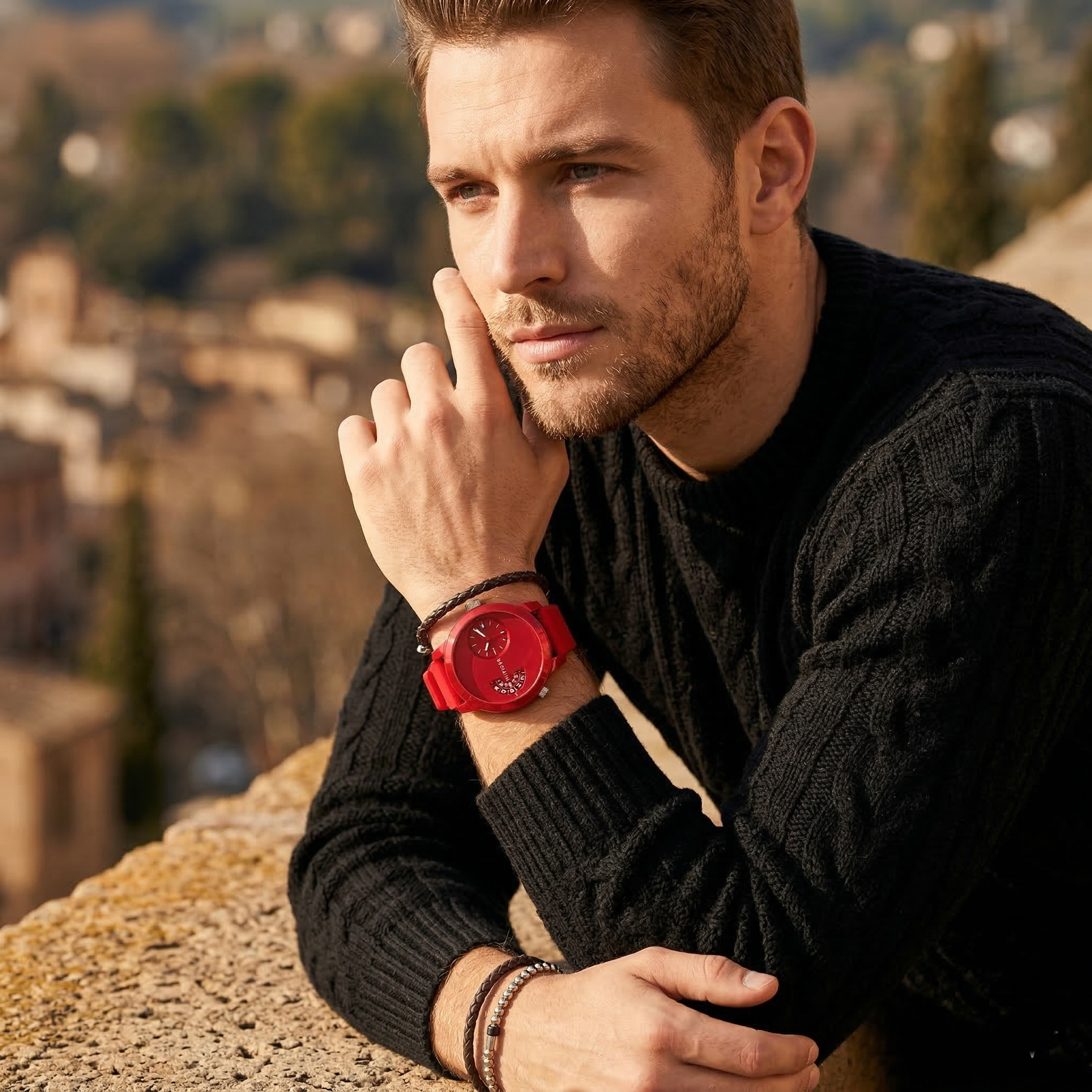 Elegant man wearing Tommy Hilfiger Denim 1791557 men's quartz battery watch with red-tone case and innovative dual-time display