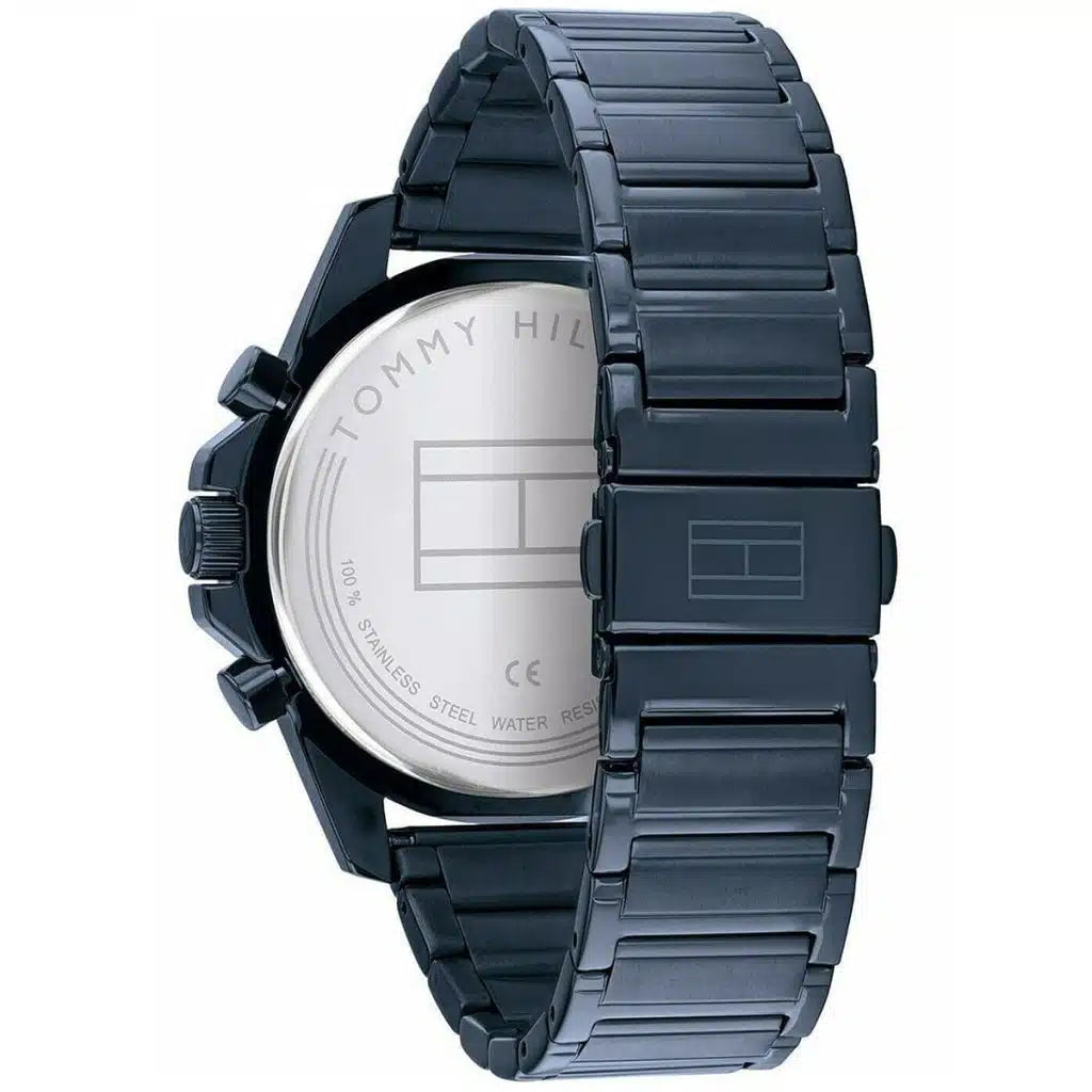 Left side perspective of the Tommy Hilfiger 1791560 blue dial and blue metal bracelet