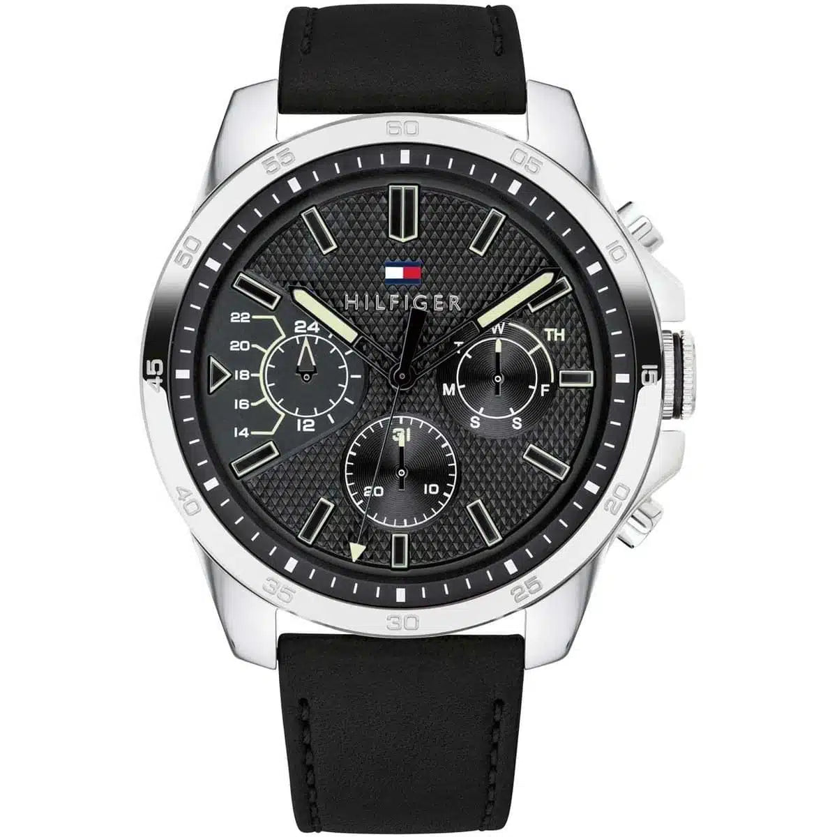 Tommy Hilfiger Oliver 1791563 men's watch featuring a silver stainless steel case, textured black multi-function dial, and black rubber strap