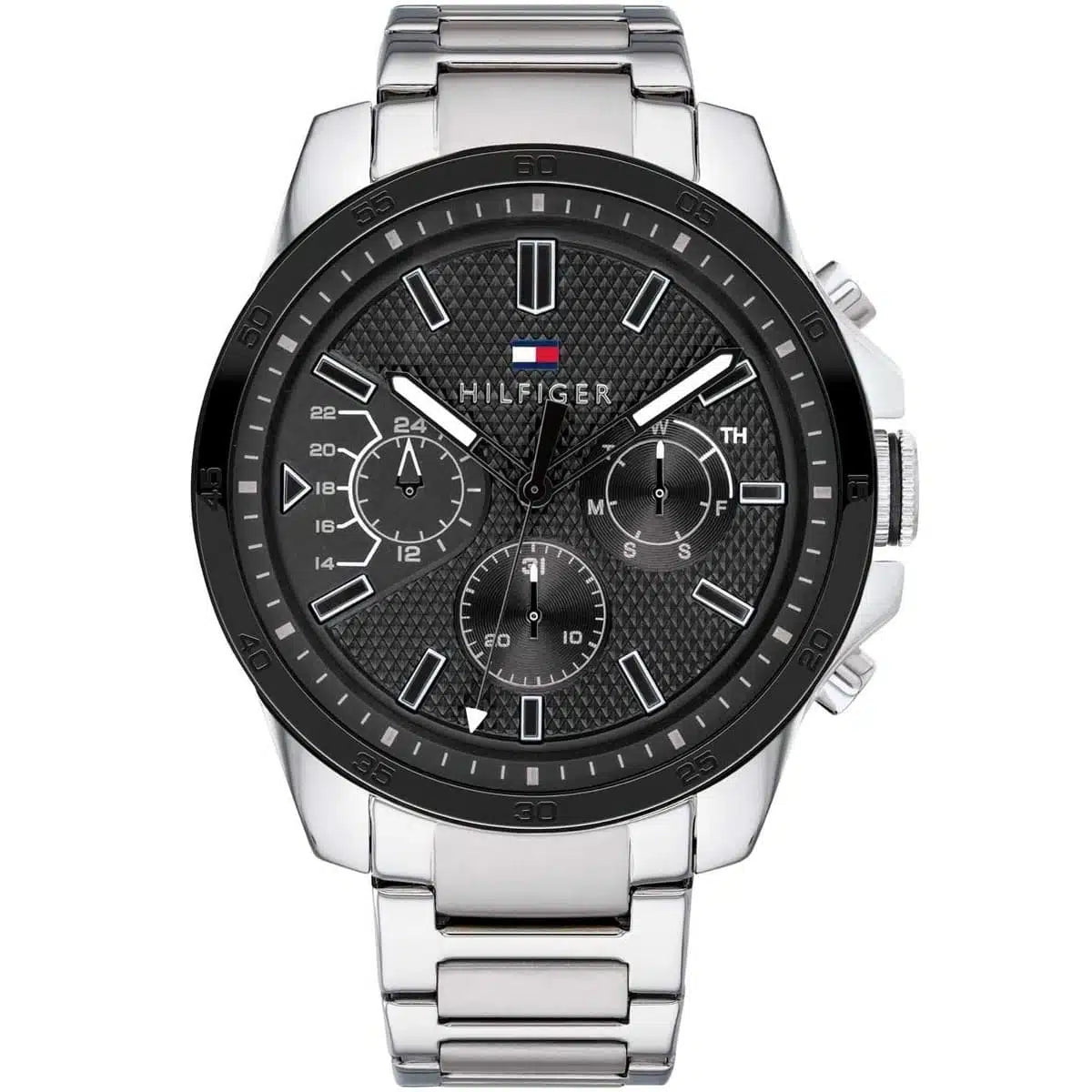 Tommy Hilfiger Oliver 1791564 men's watch featuring a silver stainless steel case, textured black multi-function dial, and link bracelet