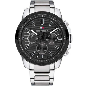 Tommy Hilfiger Oliver 1791564 men's watch featuring a silver stainless steel case, textured black multi-function dial, and link bracelet