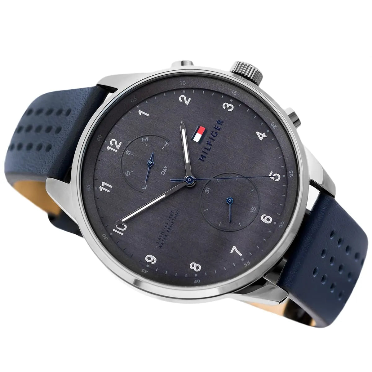 Left angled view of Tommy Hilfiger Chase 1791578 men's quartz battery watch showing blue leather strap and gunmetal case profile