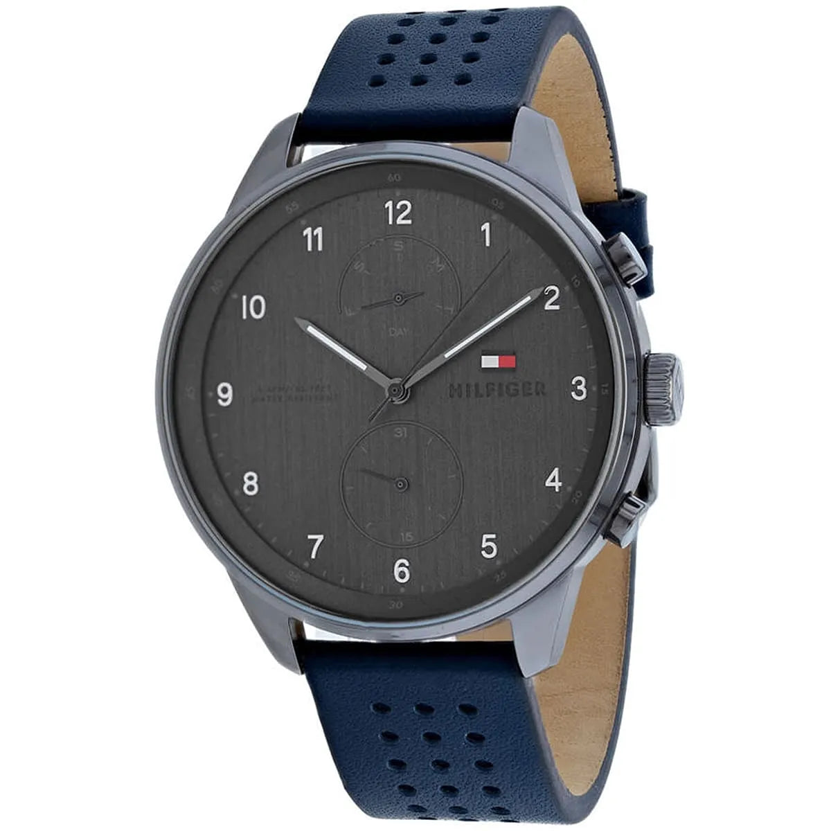 Right angled view of Tommy Hilfiger Chase 1791578 men's quartz battery watch highlighting gunmetal finish and blue dial accents