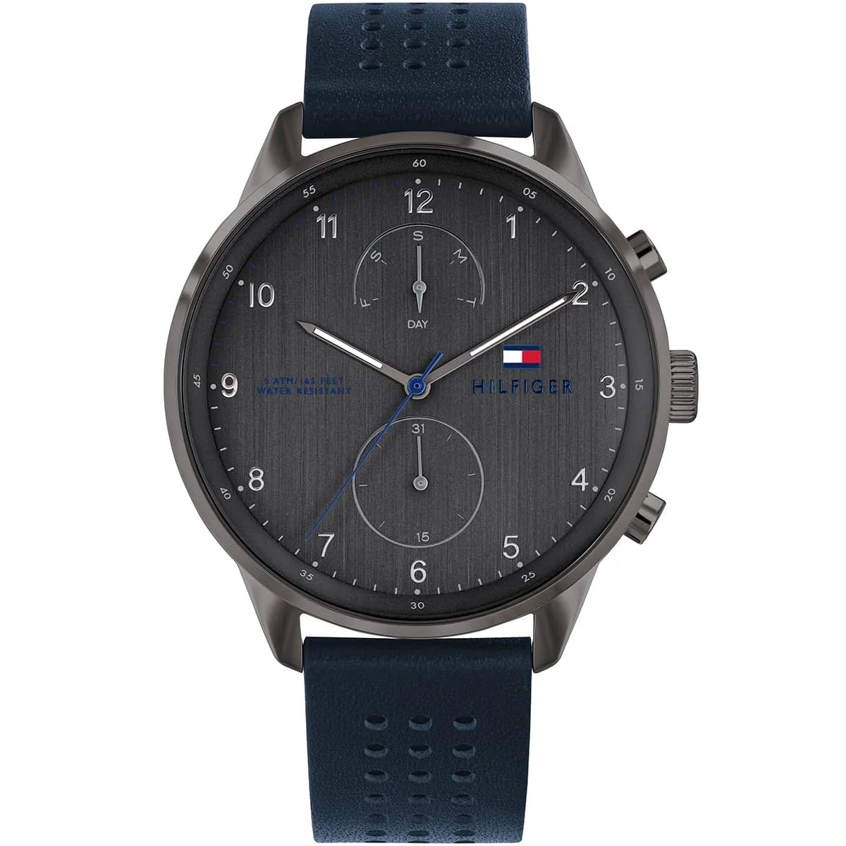 Tommy Hilfiger Chase 1791578 men's quartz battery watch with gray dial, gunmetal case, blue leather strap main view