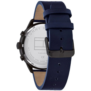 Caseback of Tommy Hilfiger Chase 1791578 men's quartz battery watch showing technical specs gray dial and leather strap