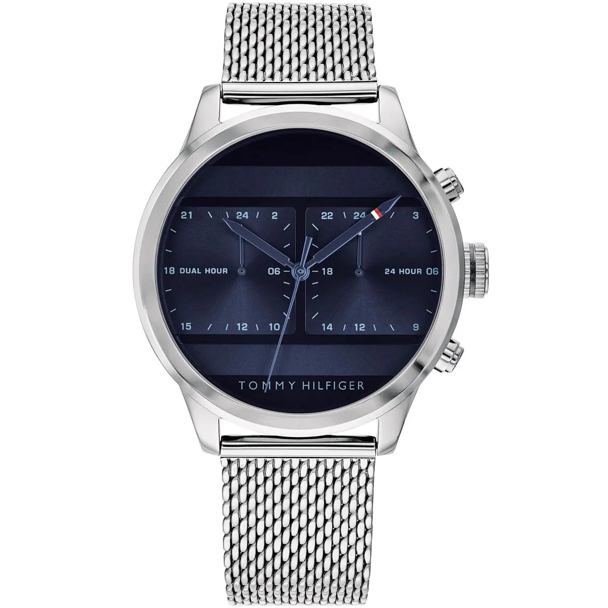 Tommy Hilfiger Cooper 1791596 men's watch featuring a silver stainless steel case, sleek blue dial with dual-time sub-dials, and mesh bracelet