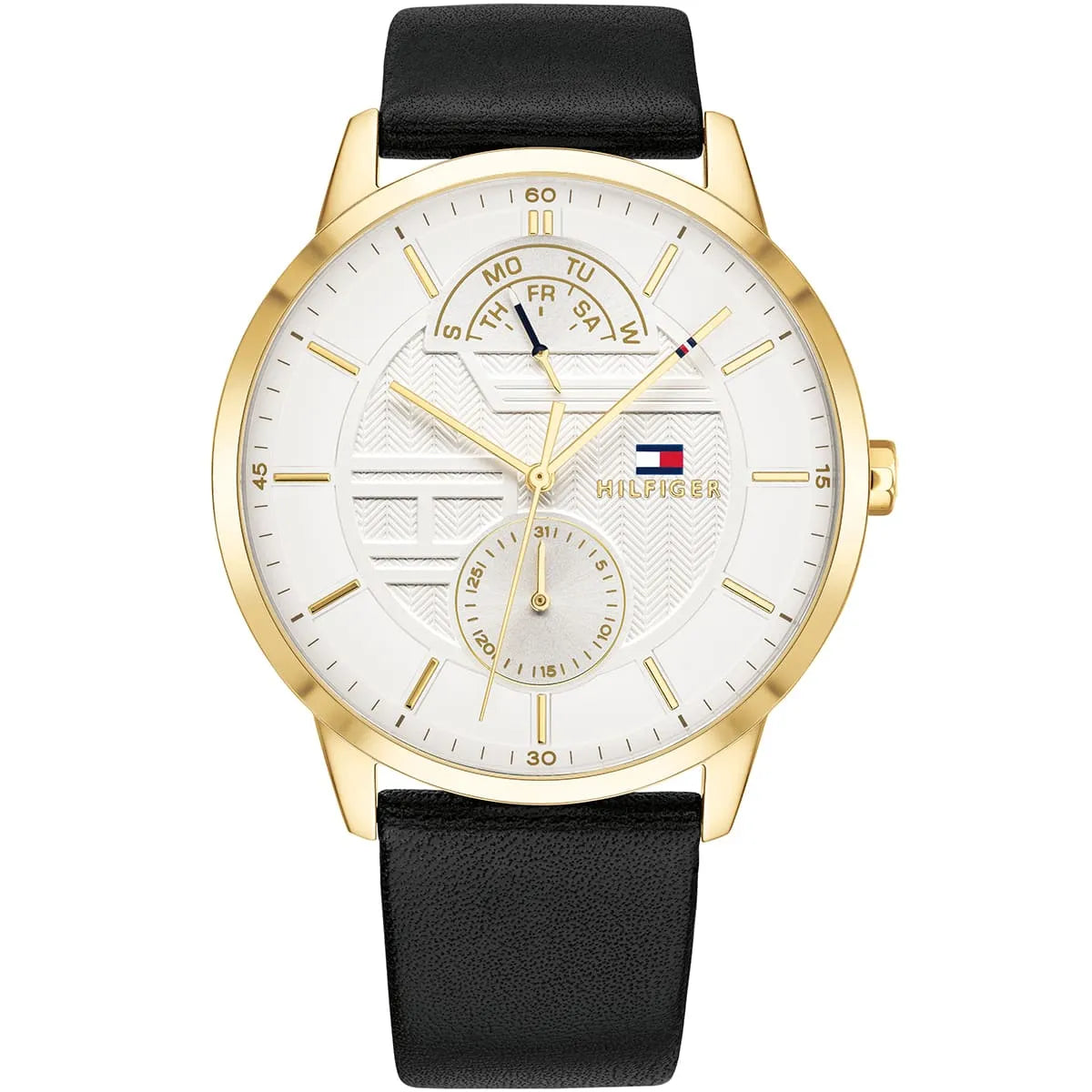 Tommy Hilfiger Hunter 1791606 men's watch gold case black leather strap white dial