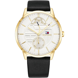 Tommy Hilfiger Hunter 1791606 men's watch gold case black leather strap white dial
