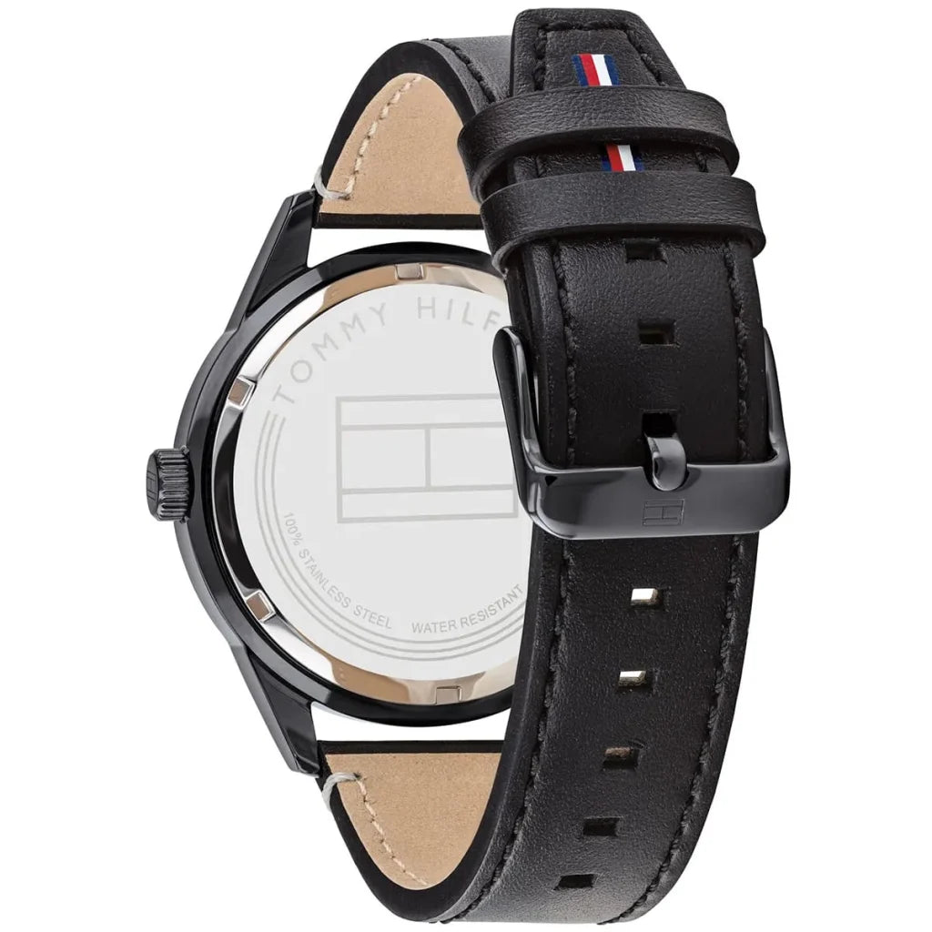 Profile view of Tommy Hilfiger Austin showing case thickness and black leather strap
