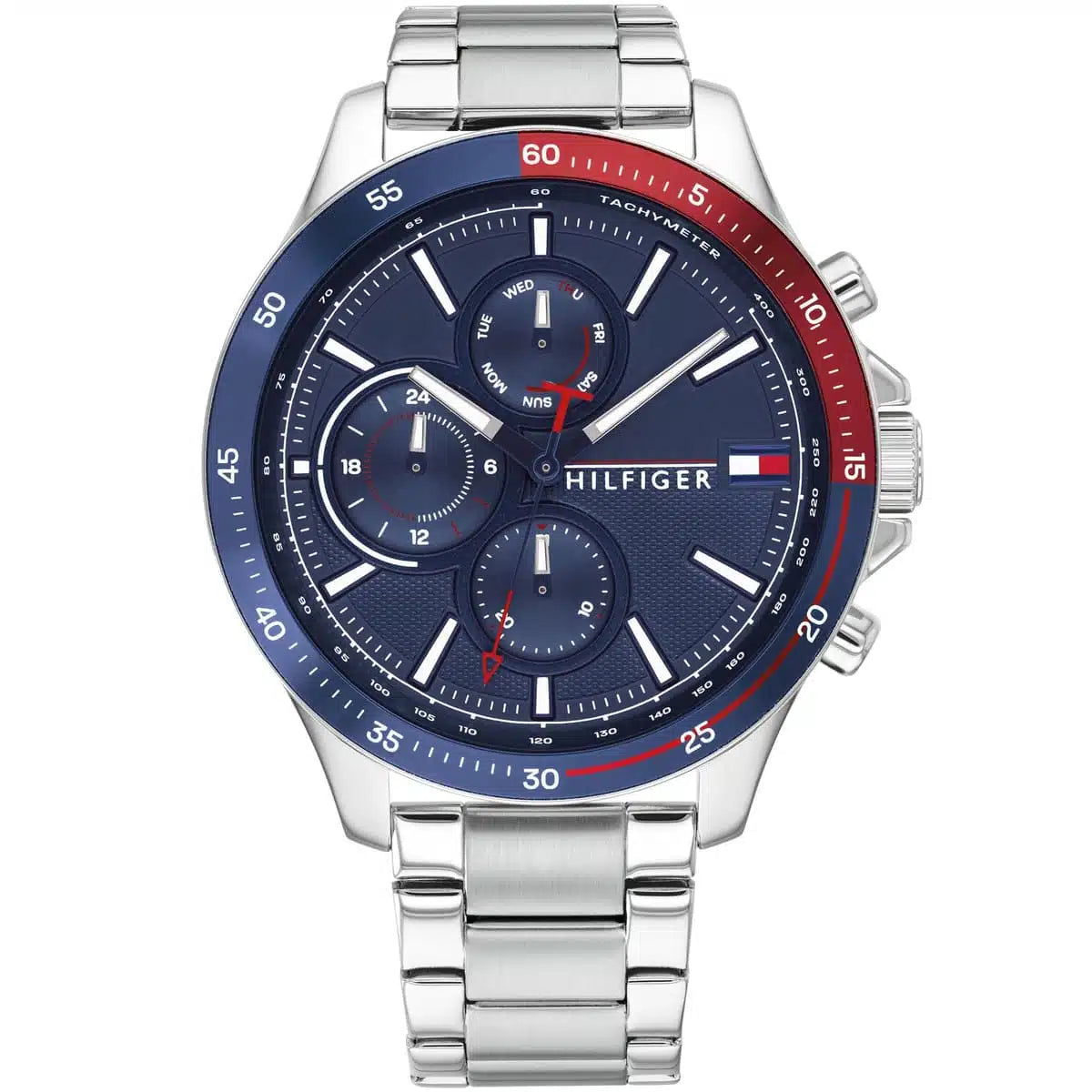 Tommy Hilfiger Bank 1791718 men's watch featuring a silver stainless steel design, vibrant blue multi-function dial, and pepsi bezel