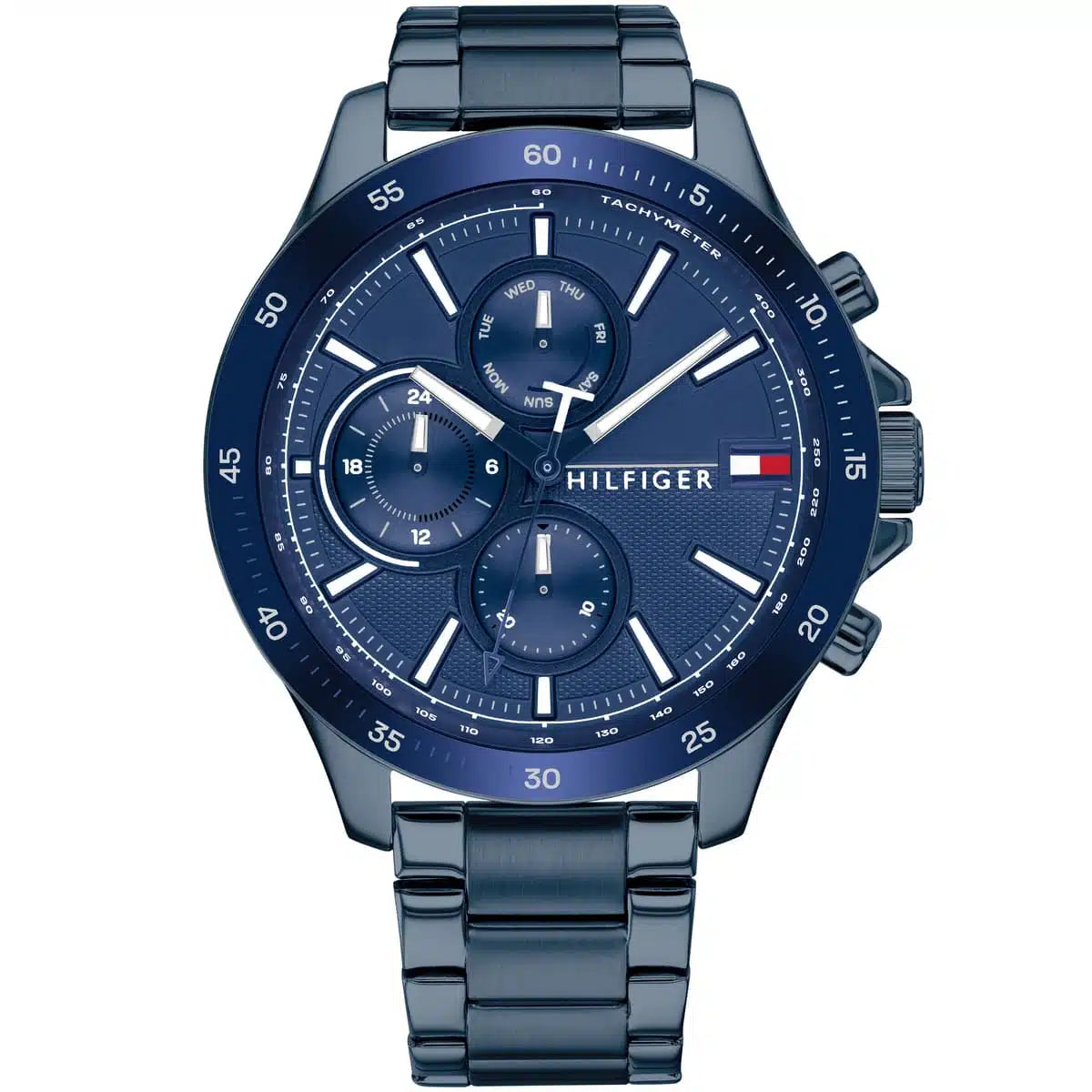 Tommy Hilfiger Bank 1791720 men's watch featuring a full blue ion-plated stainless steel design, multi-function dial, and tachymeter bezel