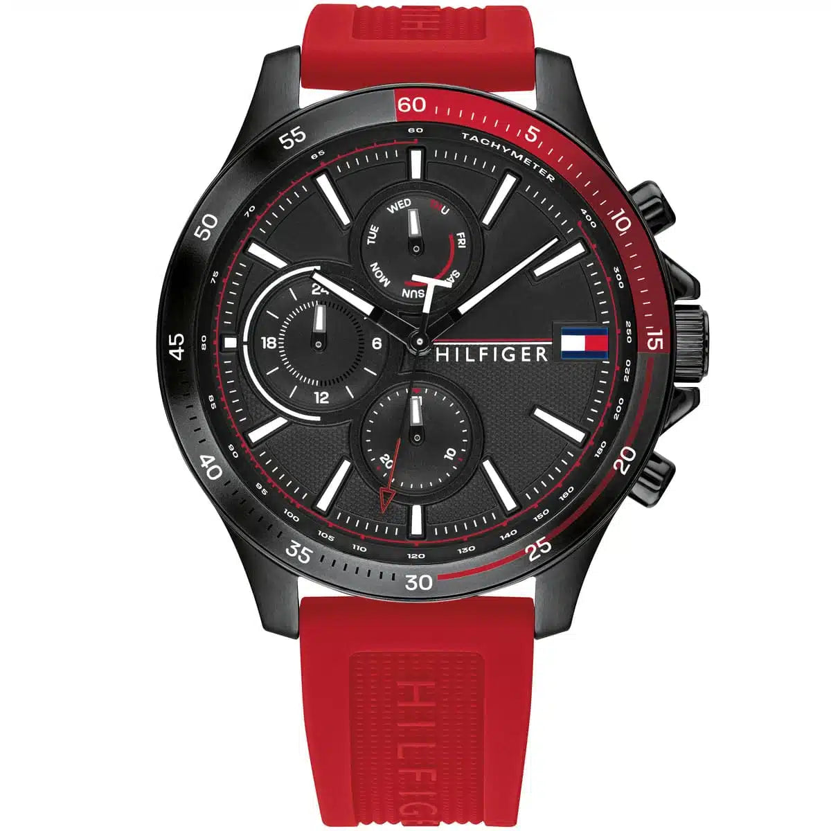 Tommy Hilfiger Bank 1791722 men's watch featuring a black ion-plated case, black multi-function dial, and red rubber strap