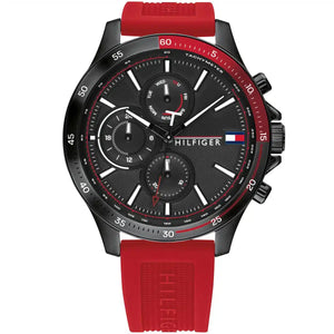 Tommy Hilfiger Bank 1791722 men's watch featuring a black ion-plated case, black multi-function dial, and red rubber strap