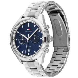 Left angled view of Tommy Hilfiger Bennett 1791725 men's quartz battery watch showing silver stainless steel bracelet and case profile