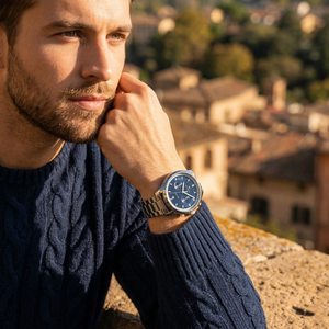 Elegant man wearing Tommy Hilfiger Bennett 1791725 men's quartz battery watch with silver-tone case and luxury blue dial