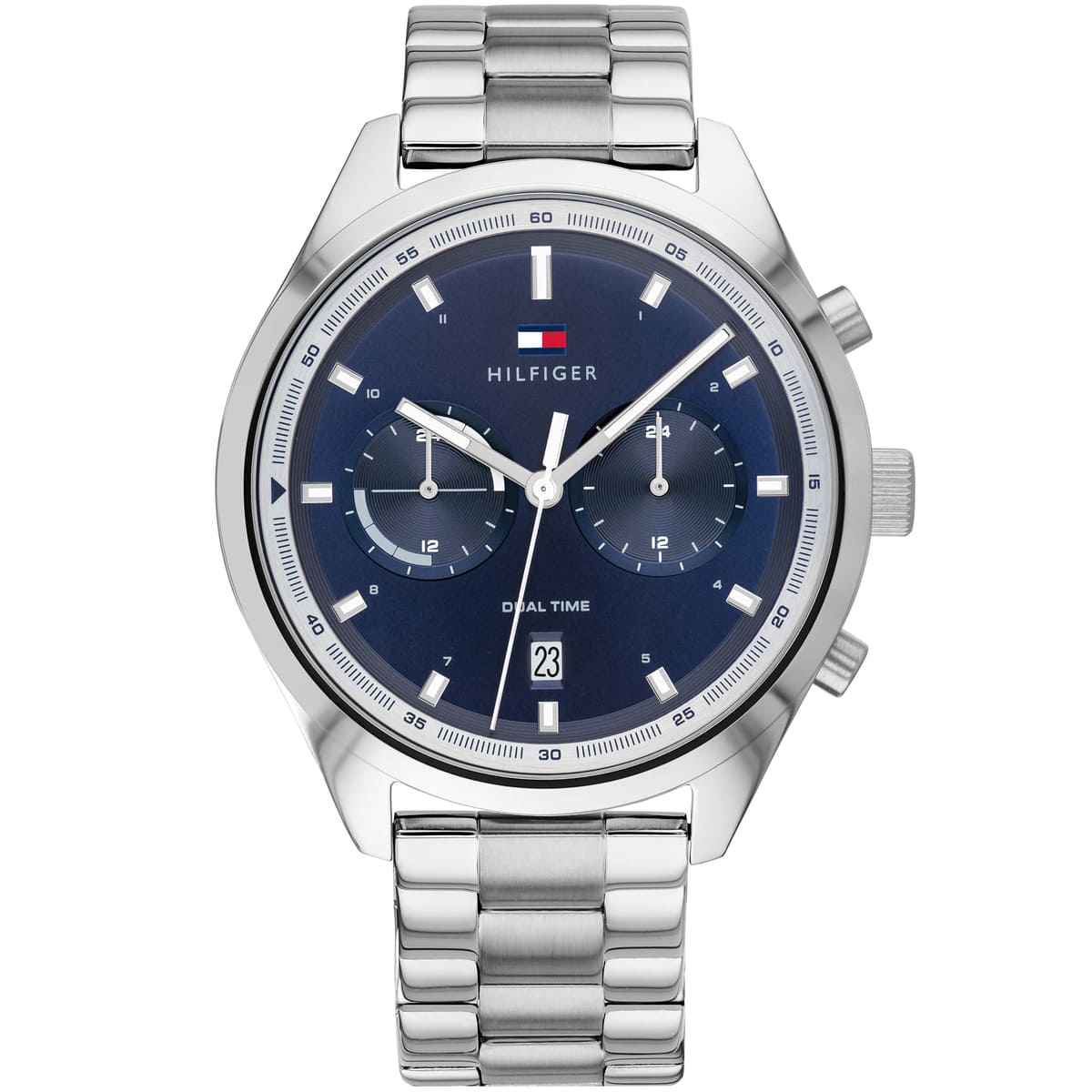 Tommy Hilfiger Bennett 1791725 men's quartz battery watch with blue dial, silver-tone case, silver stainless steel bracelet main view