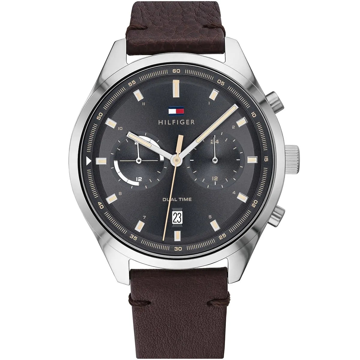 Tommy Hilfiger 1791729 men's watch featuring a silver stainless steel case, dark grey dual time dial, and brown leather strap