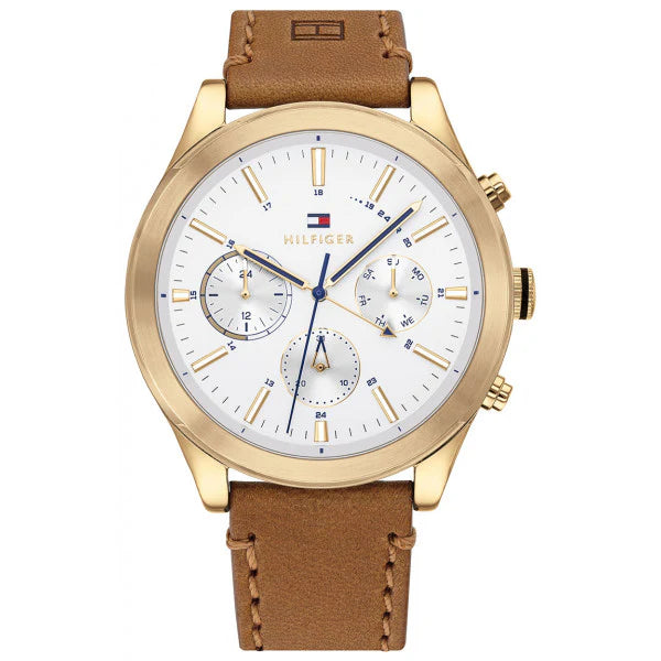 Close up shot of Tommy Hilfiger 1791742 watch on wrist showing the white multifunction dial details
