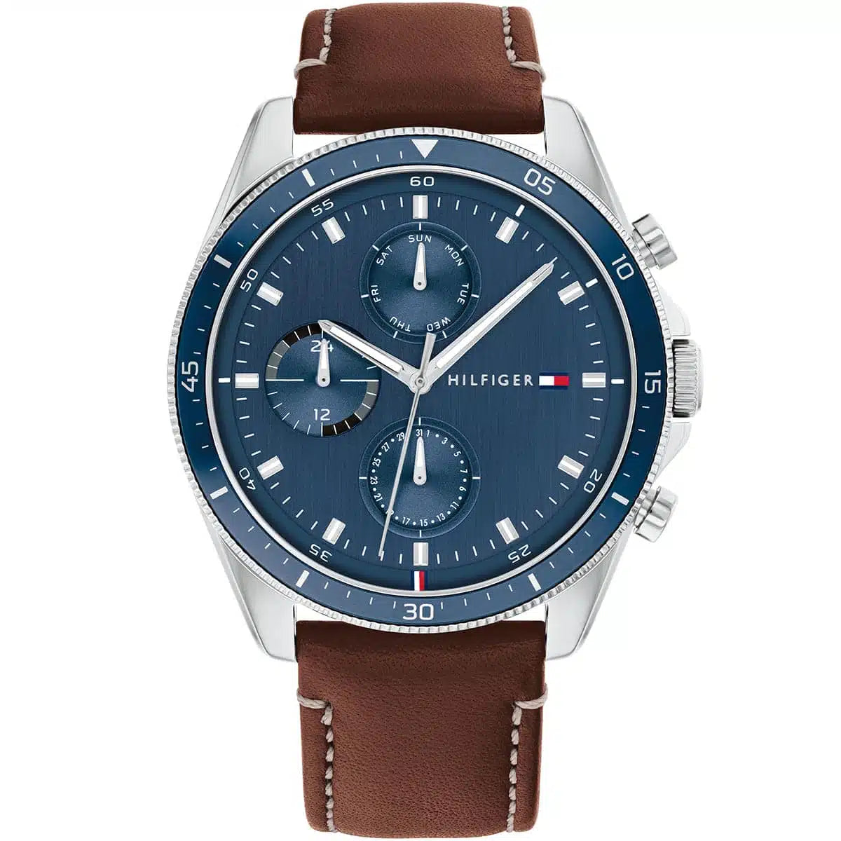 Tommy Hilfiger Aiden 1791837 men's watch featuring a silver stainless steel case, navy blue multi-function dial, and brown leather strap