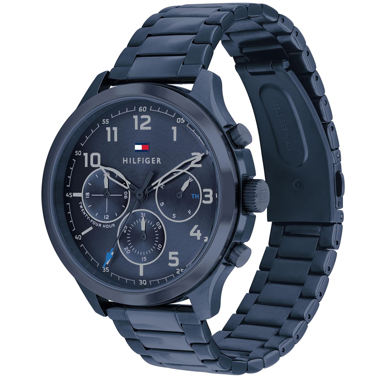 Right angled view of Tommy Hilfiger Asher 1791853 men's quartz battery watch highlighting blue finish and sub-dial details