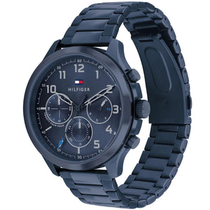 Right angled view of Tommy Hilfiger Asher 1791853 men's quartz battery watch highlighting blue finish and sub-dial details
