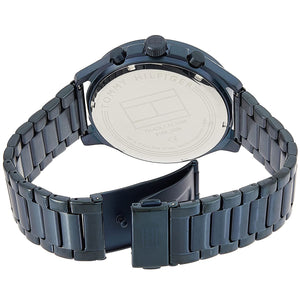 Blue-tone deployment clasp on Tommy Hilfiger Asher 1791853 men's quartz battery metal bracelet watch