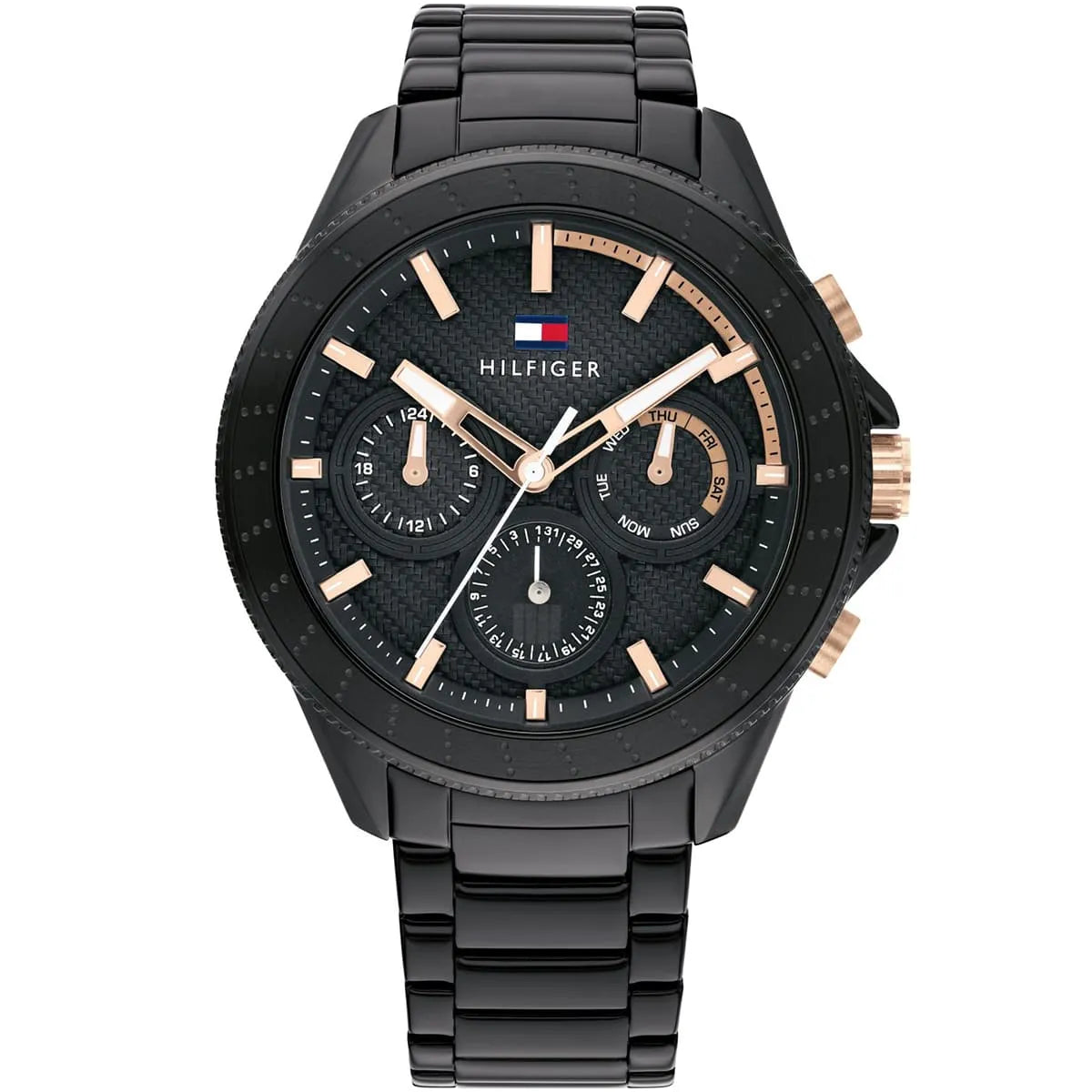 Tommy Hilfiger Aiden 1791858 men's watch featuring a black stainless steel case, multi-function dial with gold-tone accents, and black link bracelet