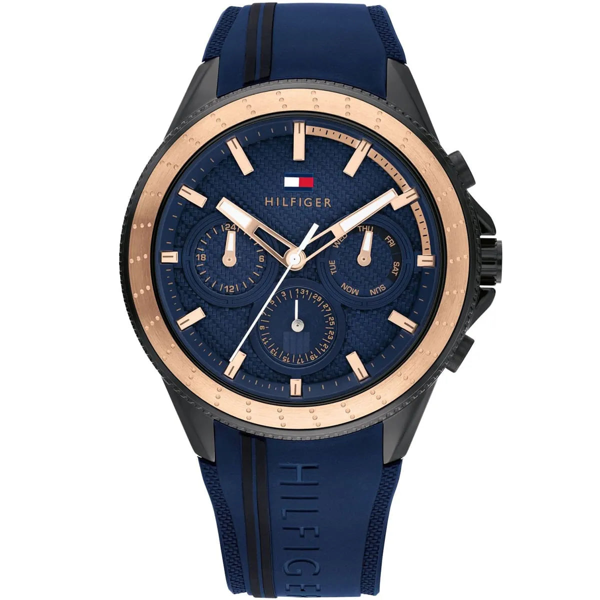 Tommy Hilfiger Aiden 1791860 men's watch featuring a black stainless steel case, gold-tone bezel, navy blue multi-function dial, and blue rubber strap