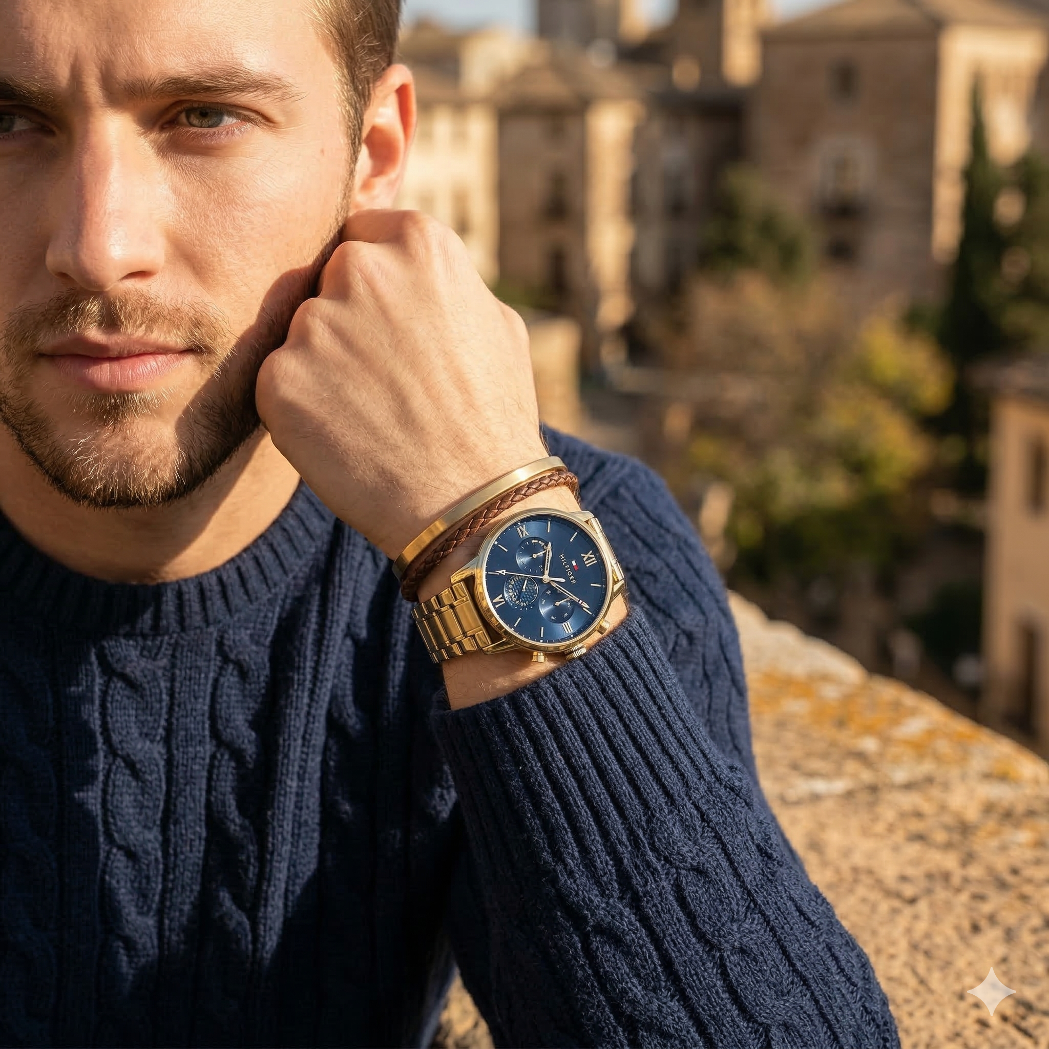 Elegant man wearing Tommy Hilfiger Sullivan 1791880 men's quartz battery watch with gold-tone case and luxury blue dial