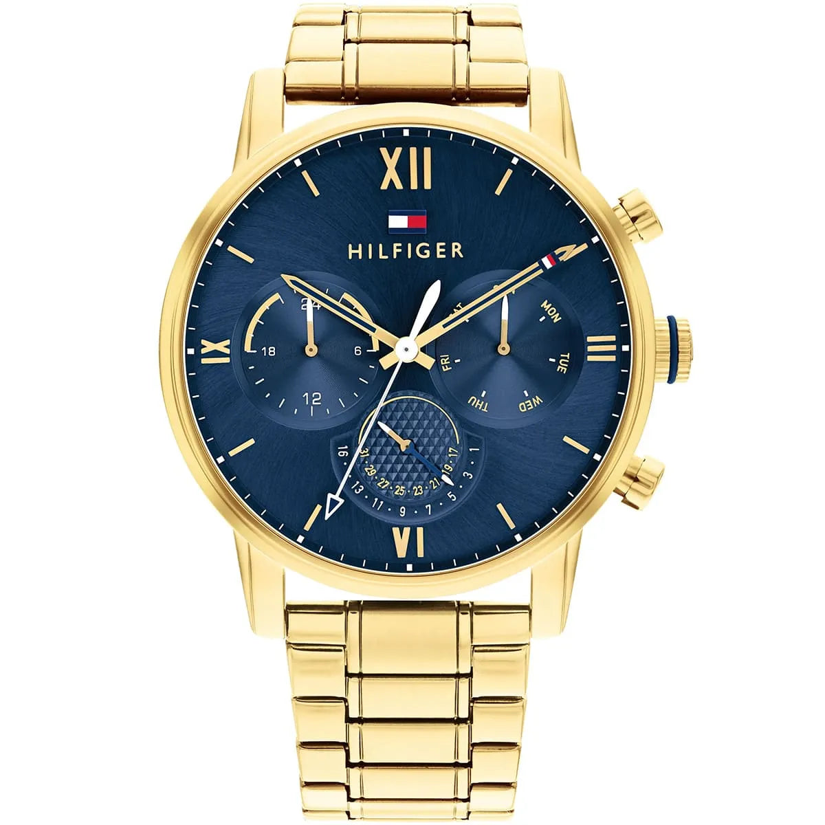 Tommy Hilfiger Sullivan 1791880 men's quartz battery watch with navy blue sunray dial, gold-tone case, gold stainless steel bracelet main view