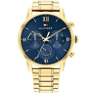 Tommy Hilfiger Sullivan 1791880 men's quartz battery watch with navy blue sunray dial, gold-tone case, gold stainless steel bracelet main view