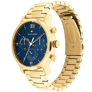 Side profile of Tommy Hilfiger Sullivan 1791880 men's quartz battery watch showing 11mm thickness and gold finish