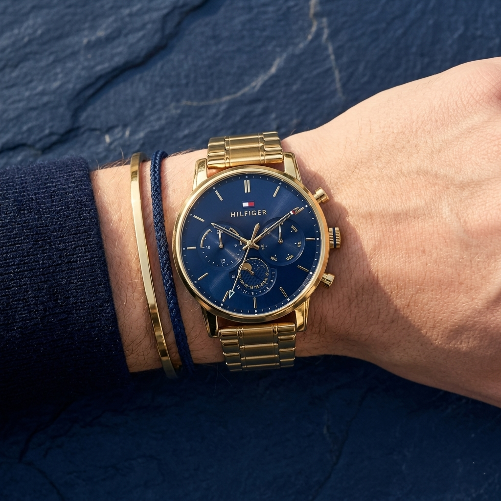 Close up of Tommy Hilfiger Sullivan 1791880 men's quartz battery watch on wrist showing blue dial and gold metal bracelet