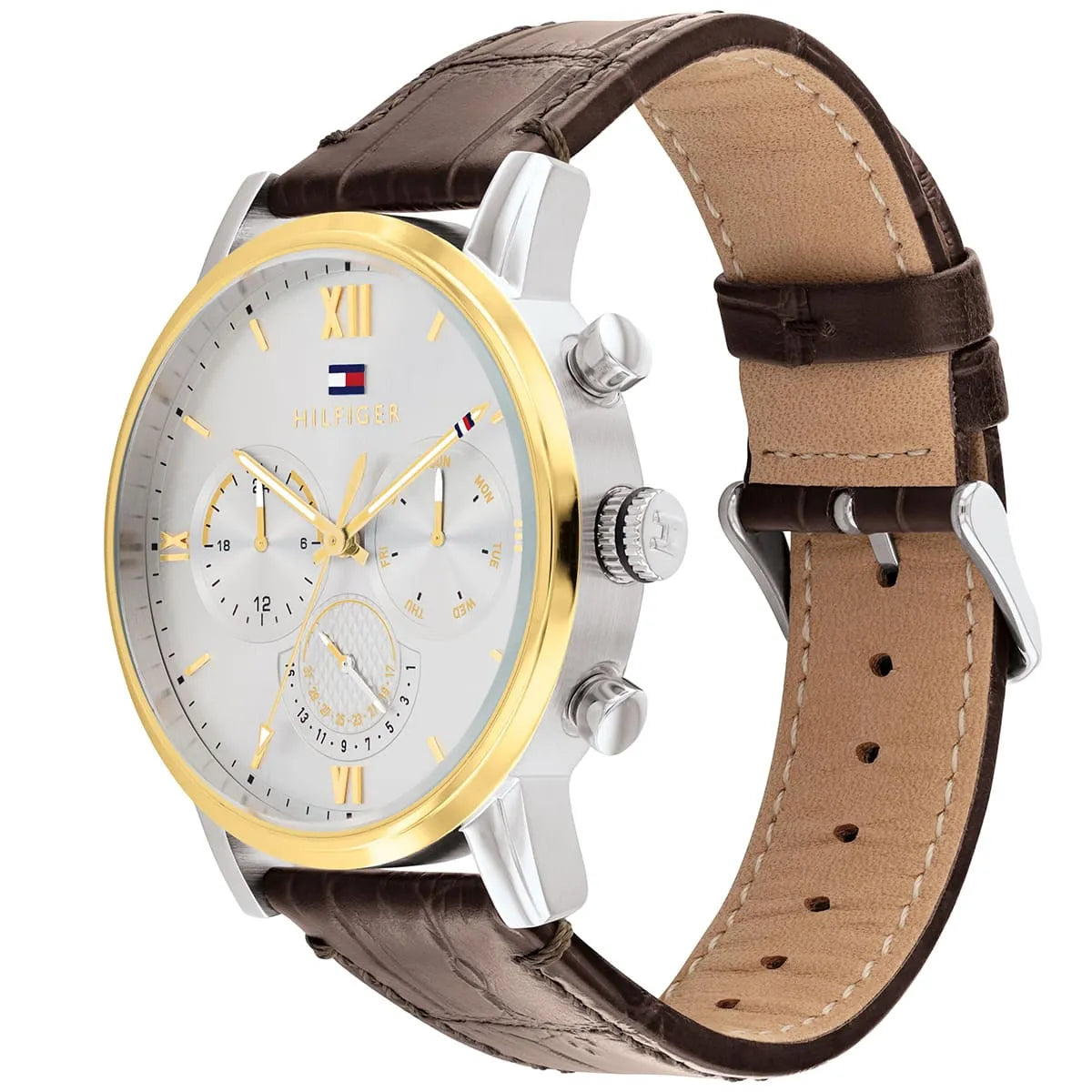 Angled Profile Right View of 1791884 Tommy Hilfiger Sullivan Watch Case and genuine leather flexible brown flexible genuine leather genuine brown genuine leather strap visual causally casual casualties visual distinctive distinctive