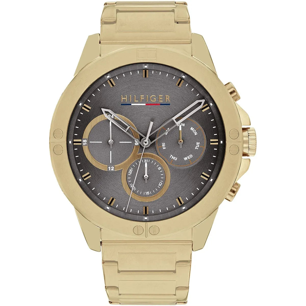 Tommy Hilfiger Harley 1791891 men's watch featuring a gold-tone stainless steel case, multi-function grey dial, and gold link bracelet