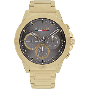 Tommy Hilfiger Harley 1791891 men's watch featuring a gold-tone stainless steel case, multi-function grey dial, and gold link bracelet