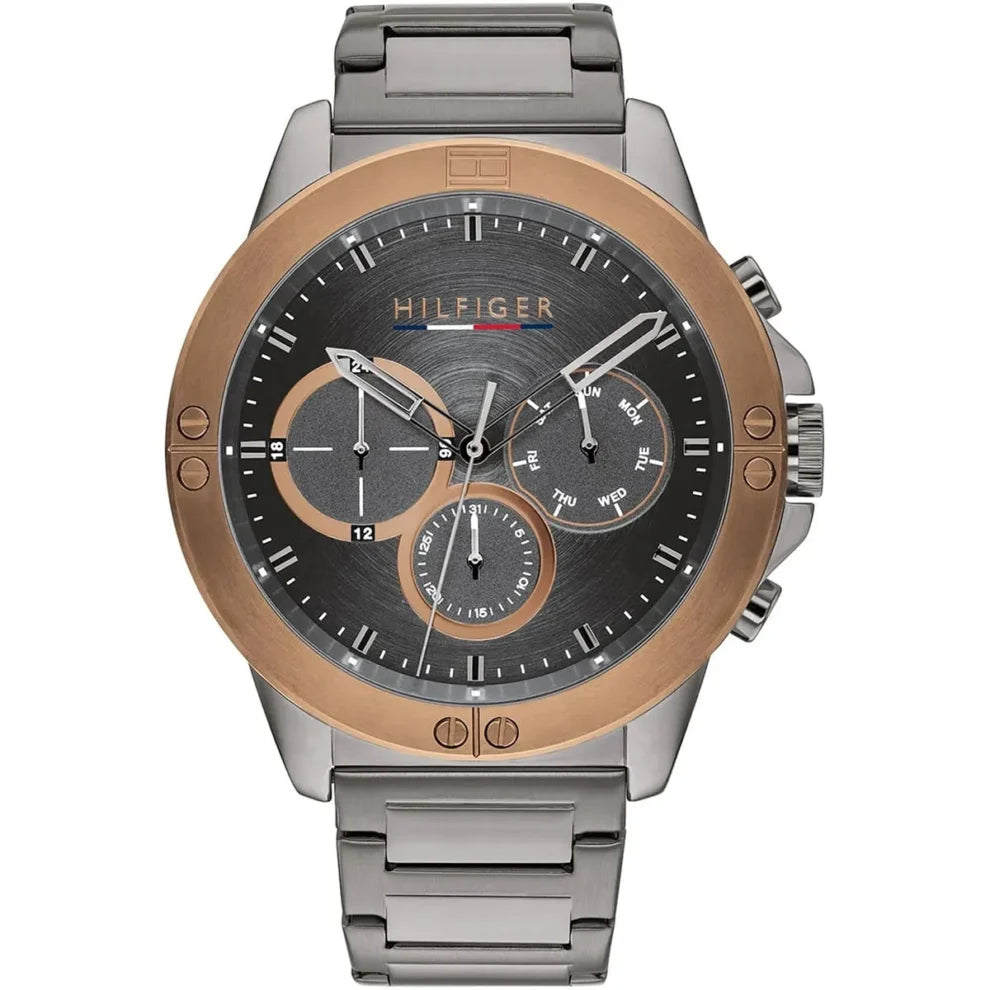 Tommy Hilfiger Harley 1791892 men's watch featuring a gunmetal grey stainless steel case, gold-tone bezel, multi-function dial, and link bracelet