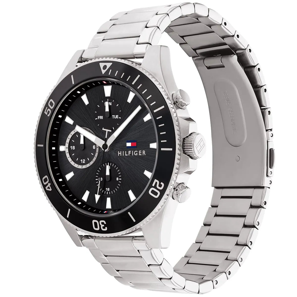 Angled real-life photo of Tommy Hilfiger 1791916 showing the silver case and black bezel