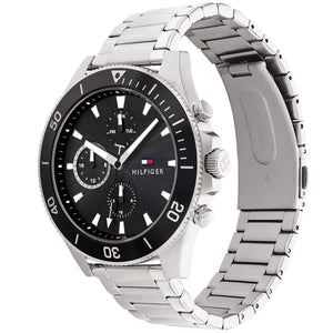Angled real-life photo of Tommy Hilfiger 1791916 showing the silver case and black bezel