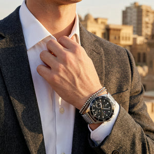 Lifestyle photo of Tommy Hilfiger 1791916 showing the watch on a man's wrist with silver bracelet