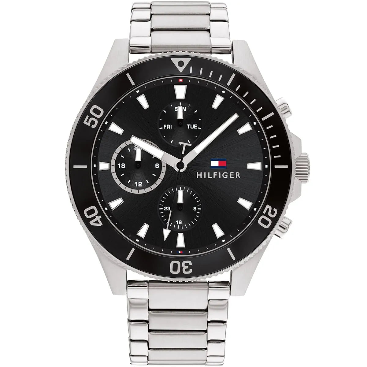 Authentic real-life photo of Tommy Hilfiger 1791916 showing actual silver shine and black sunray dial