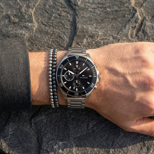 Close up shot of Tommy Hilfiger 1791916 on wrist showing black dial and sub-dial counters