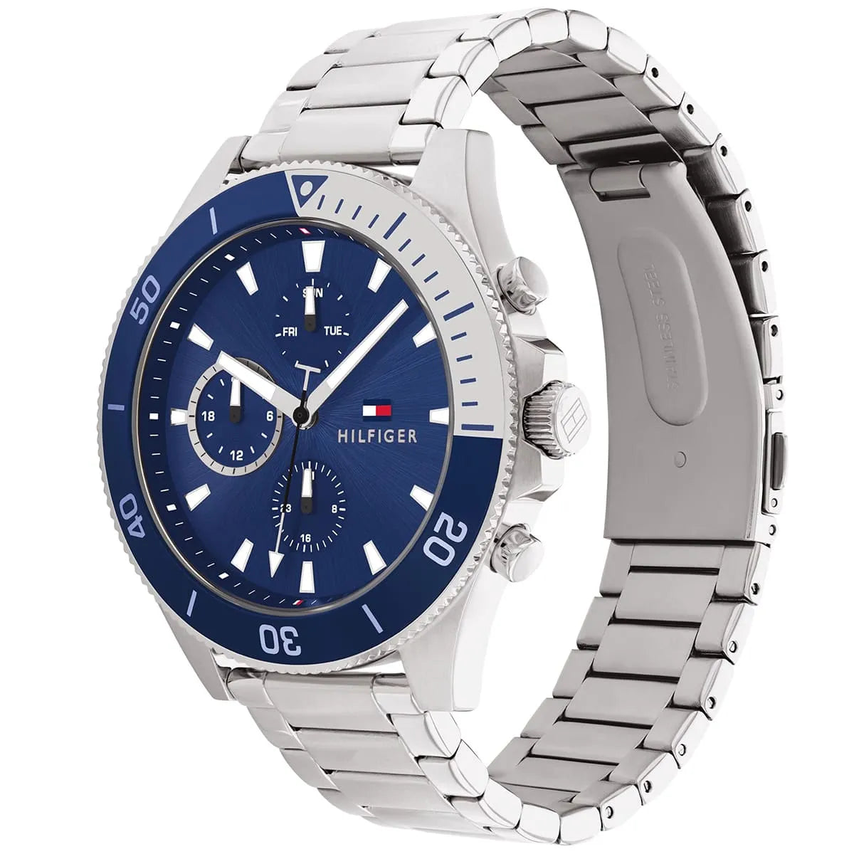 Angled real-life photo of Tommy Hilfiger 1791917 showing the silver case and blue bezel