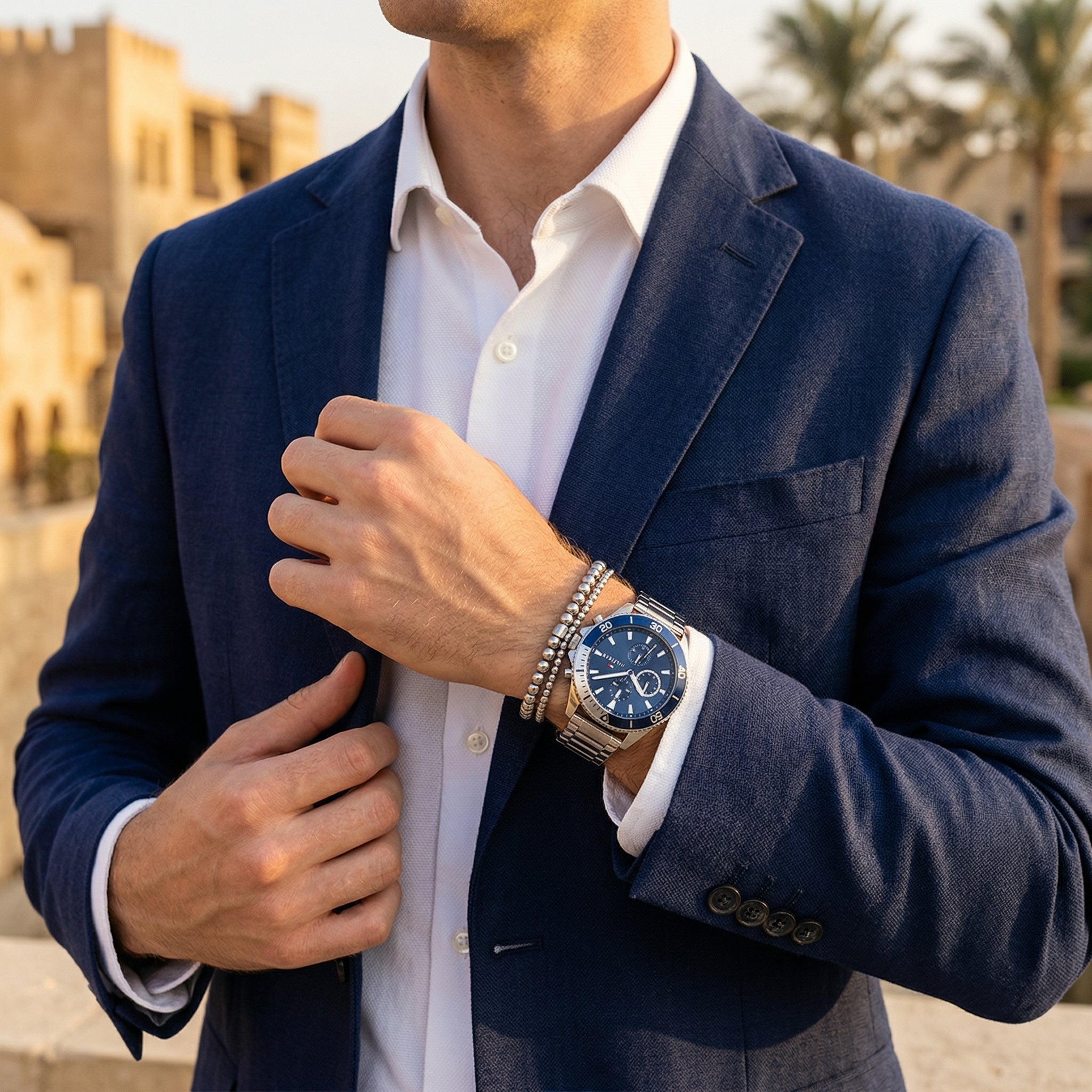 Lifestyle photo of Tommy Hilfiger 1791917 showing the watch on a man's wrist with silver bracelet