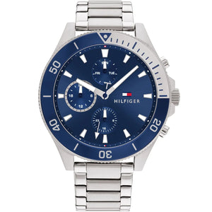 Authentic real-life photo of Tommy Hilfiger 1791917 showing actual silver shine and blue sunray dial