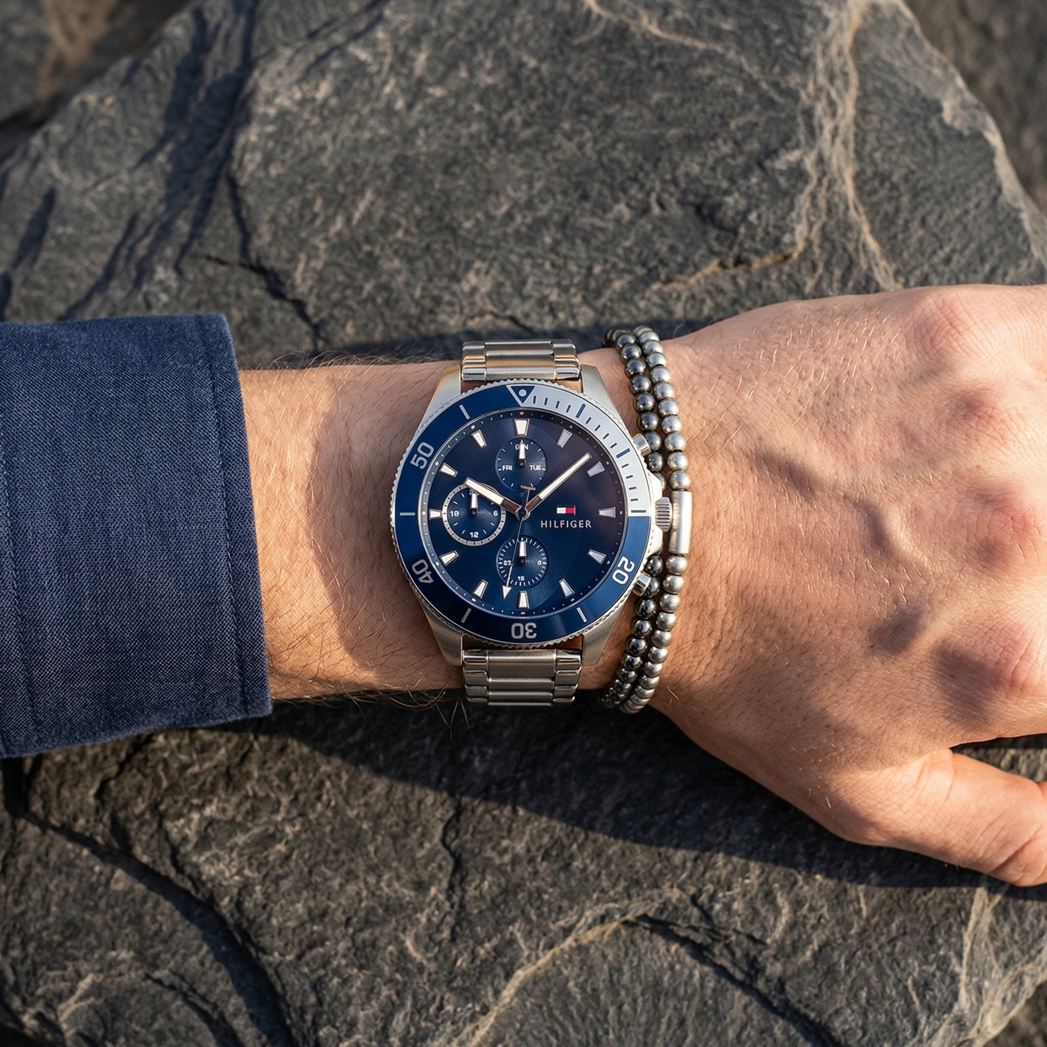 Close up shot of Tommy Hilfiger 1791917 on wrist showing blue dial and sub-dial counters