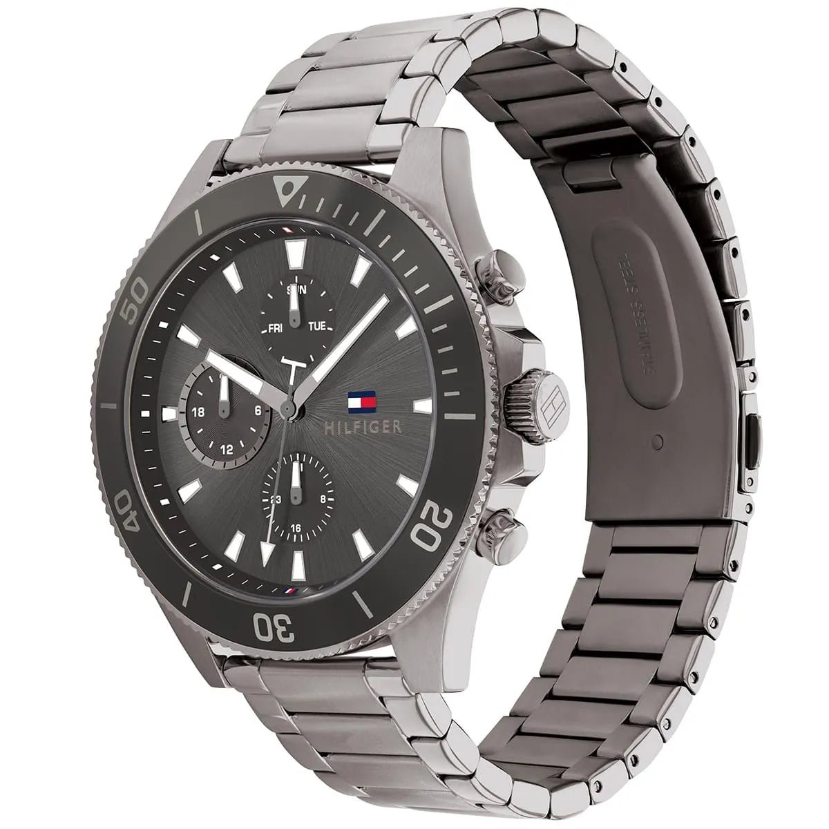 Perspective photo of Tommy Hilfiger 1791918 showing the side profile and grey link strap