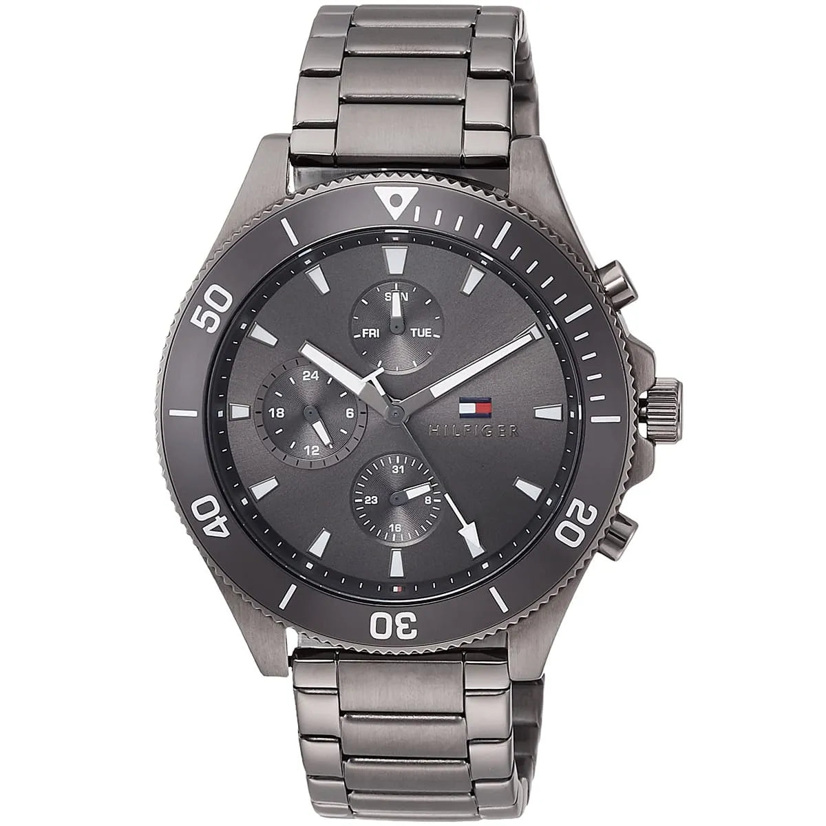 Angled real-life photo of Tommy Hilfiger 1791918 showing the grey case and matching bezel