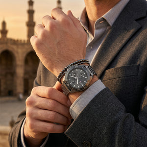 Lifestyle photo of Tommy Hilfiger 1791918 showing the watch on a man's wrist with grey steel bracelet