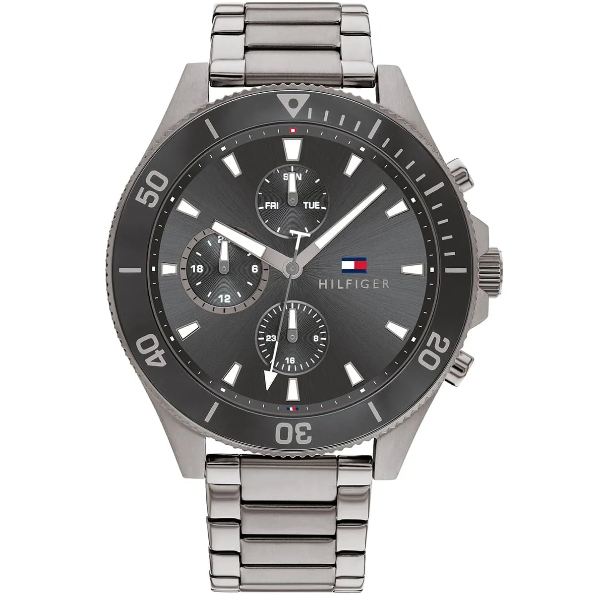 Authentic real-life photo of Tommy Hilfiger 1791918 showing actual grey finish and sunray grey dial